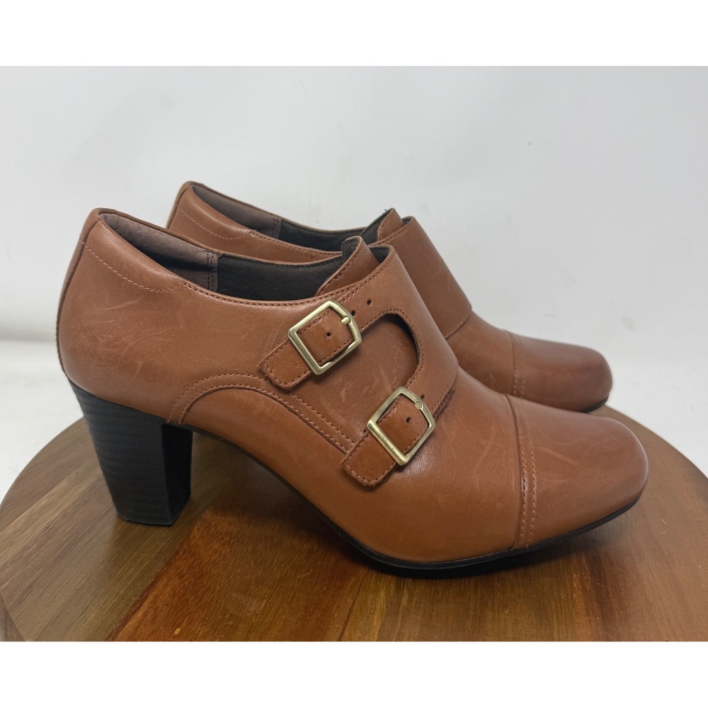 Clarks Brown Leather Double Monk Strap Block Heel Shooties 9M 62598